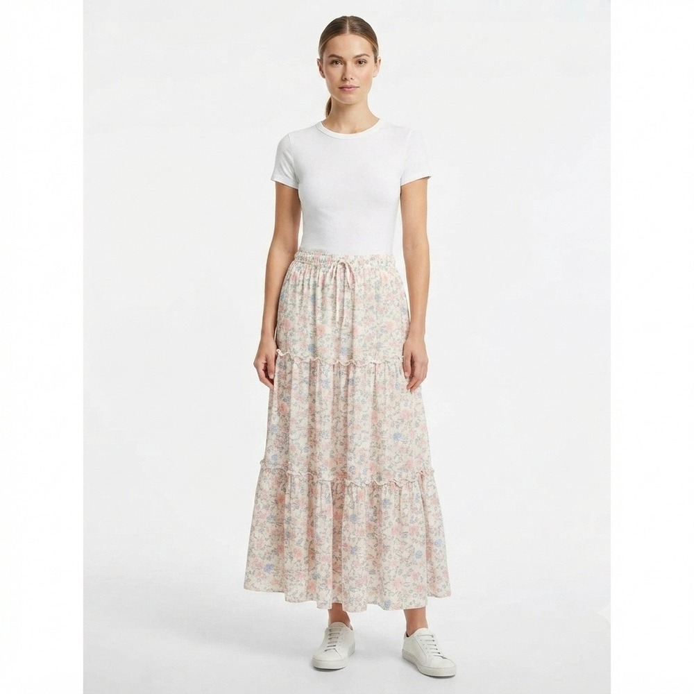 Celebrity Pink Skirt Womens Small Floral Tiered Maxi Crem Blue Boho Elastic